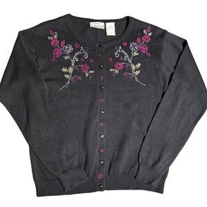 Erika Studio Small Black Floral Embroidered Beaded Cardigan Sweater Ramie Cotton
